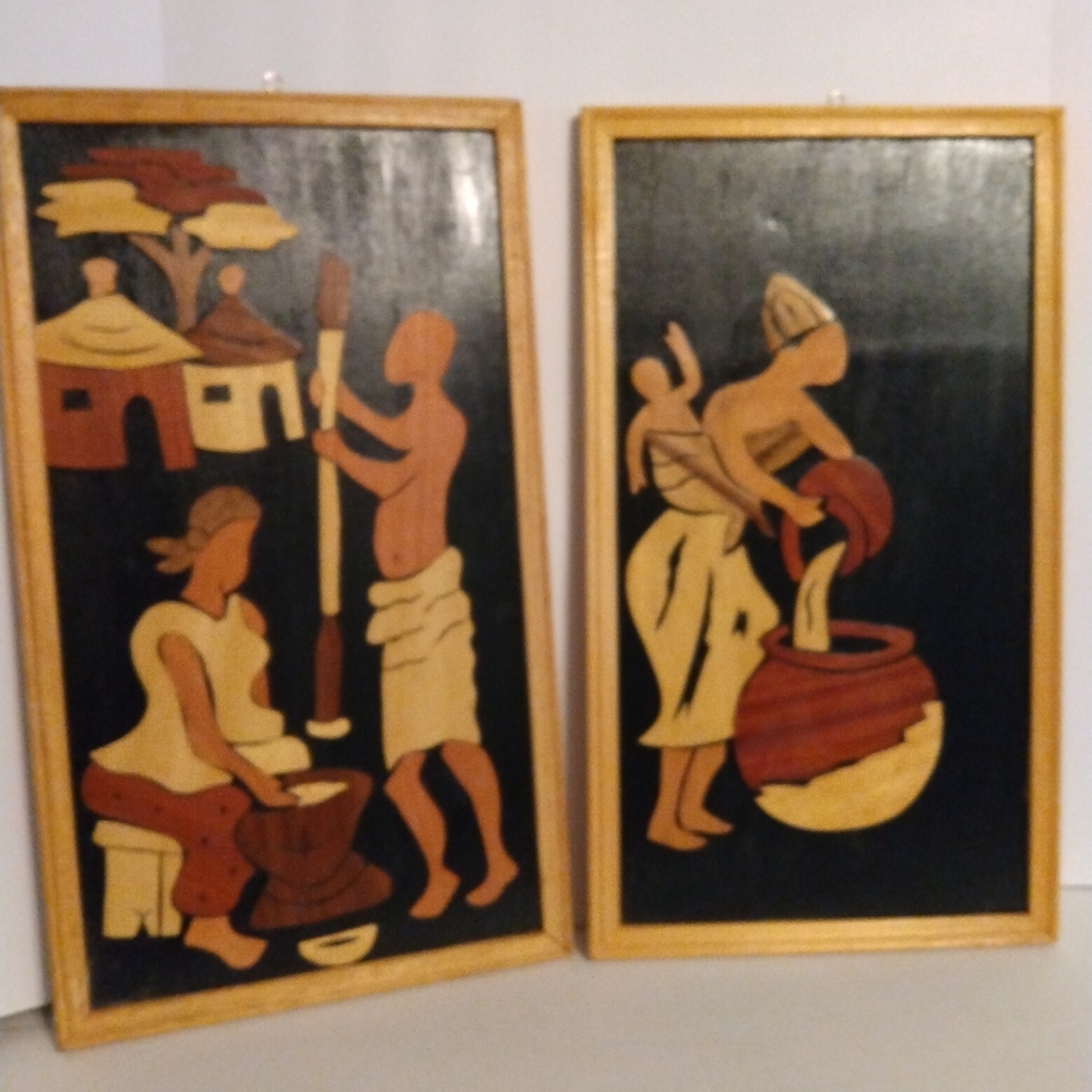 Ghana Africa marquetry pictures. Wood on wood. Framed. - Picture 1 of 4